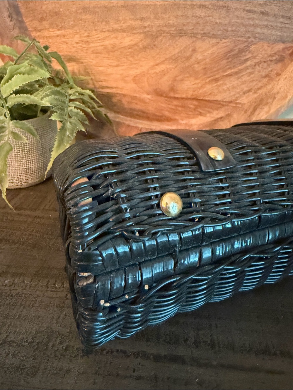 Vintage 1950s -60s Hand Made British Hong Kong Rattan Wicker Purse Black Lucite - Picture 7 of 11